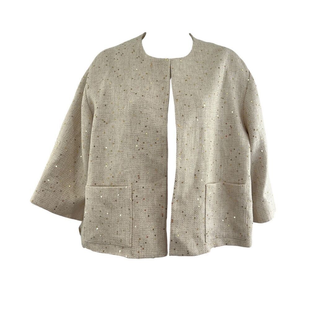 Louben Women's Size 6 Ivory Gold Sequins Open Front Textured Linen Blend Blazer